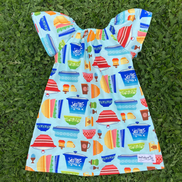 Sewfunky Pixie Dress - Retro Kitchen on Blue